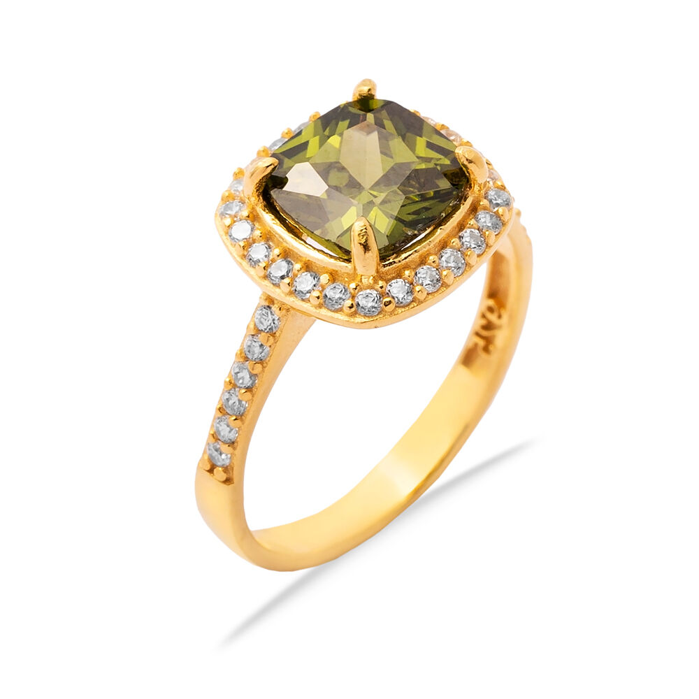 Olive Peridot CZ Square 925 Silver Cluster Women Ring