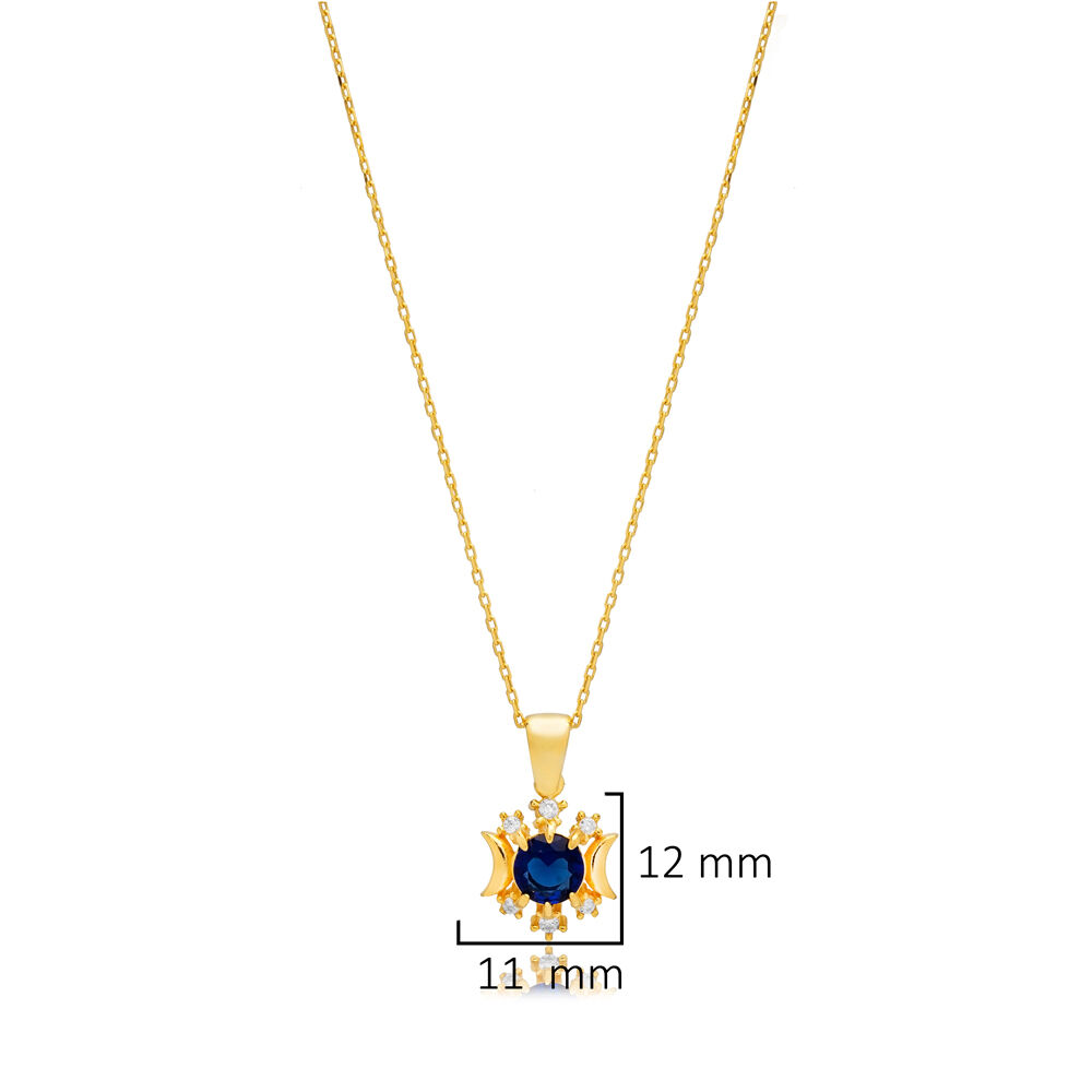 Round Design Sapphire CZ Stones Silver Charm Necklace Pendant