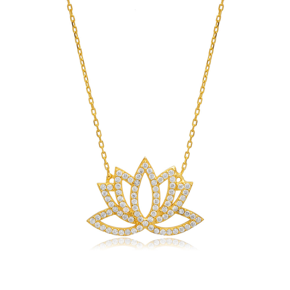 Lotus Flower Design CZ Stones Silver Charm Necklace Pendant