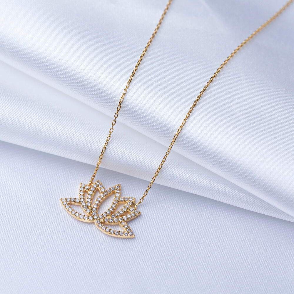Lotus Flower Design CZ Stones Silver Charm Necklace Pendant