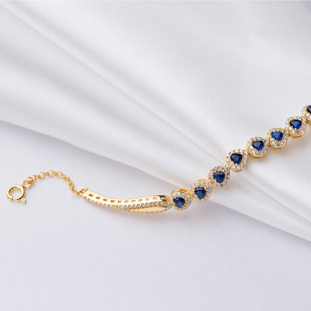 Sapphire CZ Stone Heart Design Silver Charm Bracelet