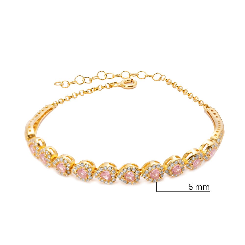 Pink CZ Stone Heart Design Sterling Silver Charm Bracelet