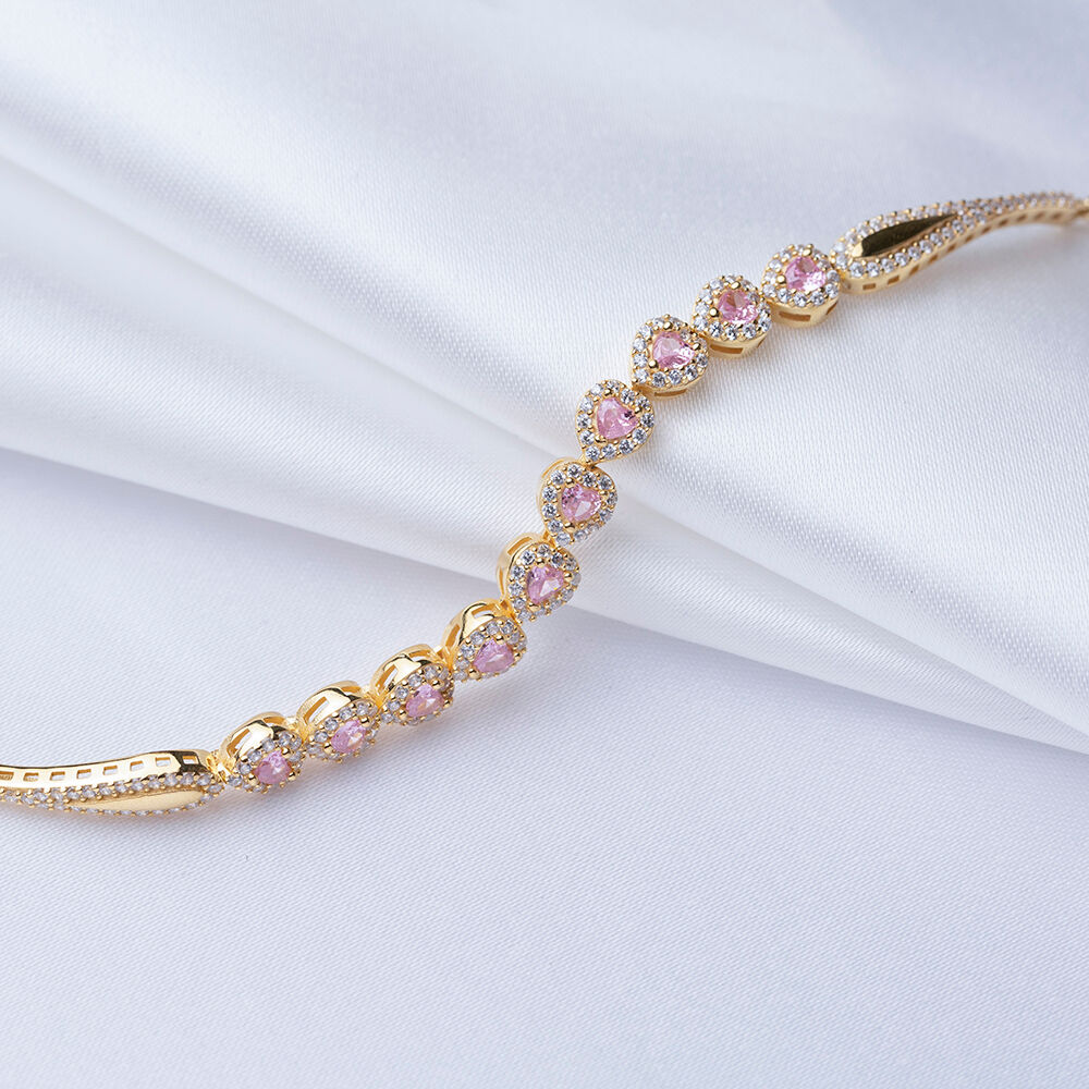 Pink CZ Stone Heart Design Sterling Silver Charm Bracelet