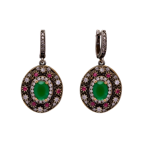 Oval Emerald CZ Authentic Turkish Dangle Earrings
