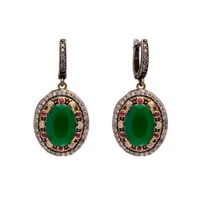 Turkish Oval Emerald CZ Authentic Turkish Dangle Earrings