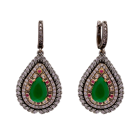 Pear Emerald CZ Authentic Turkish Dangle Earrings