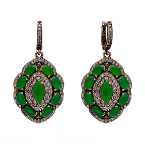 Oval Emerald CZ Turkish Authentic Dangle Earrings