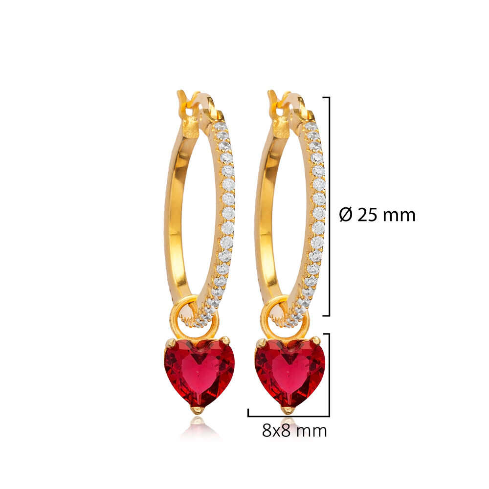Garnet CZ Heart Design Women Sterling Silver Hoop Earrings