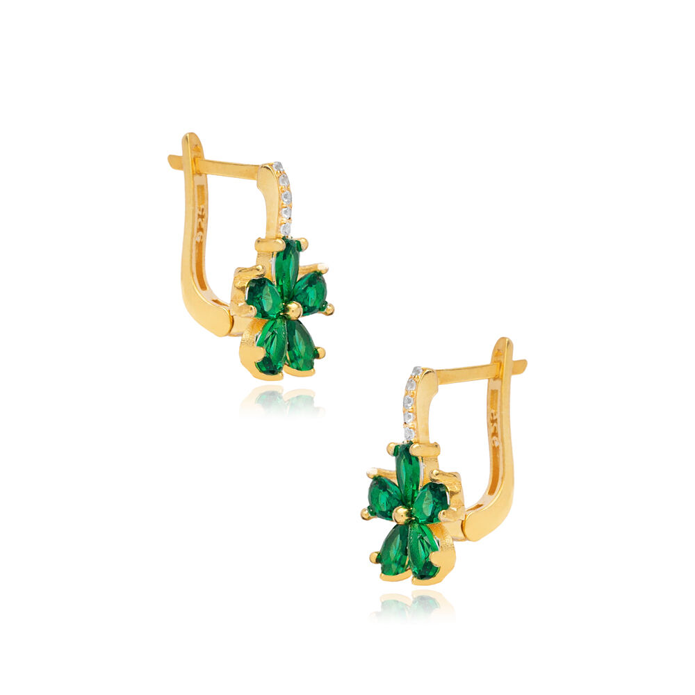 Emerald Flower Design Silver Latch Back Earrings Turkish Jewelry