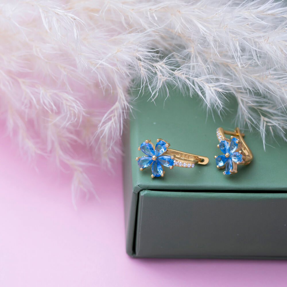 Aquamarine Flower Design Silver Latch Back Earrings Turkish Jewelry