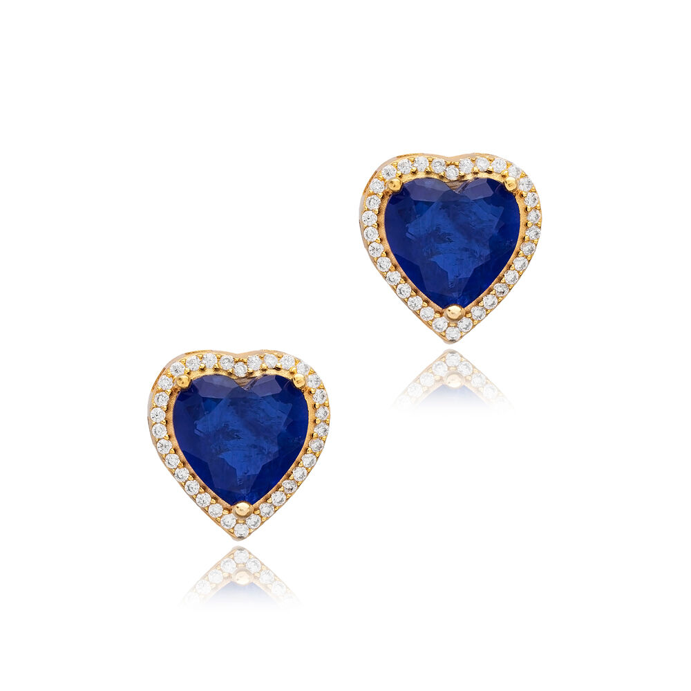 Heart Design Sapphire CZ Stone Handmade Silver Stud Earrings