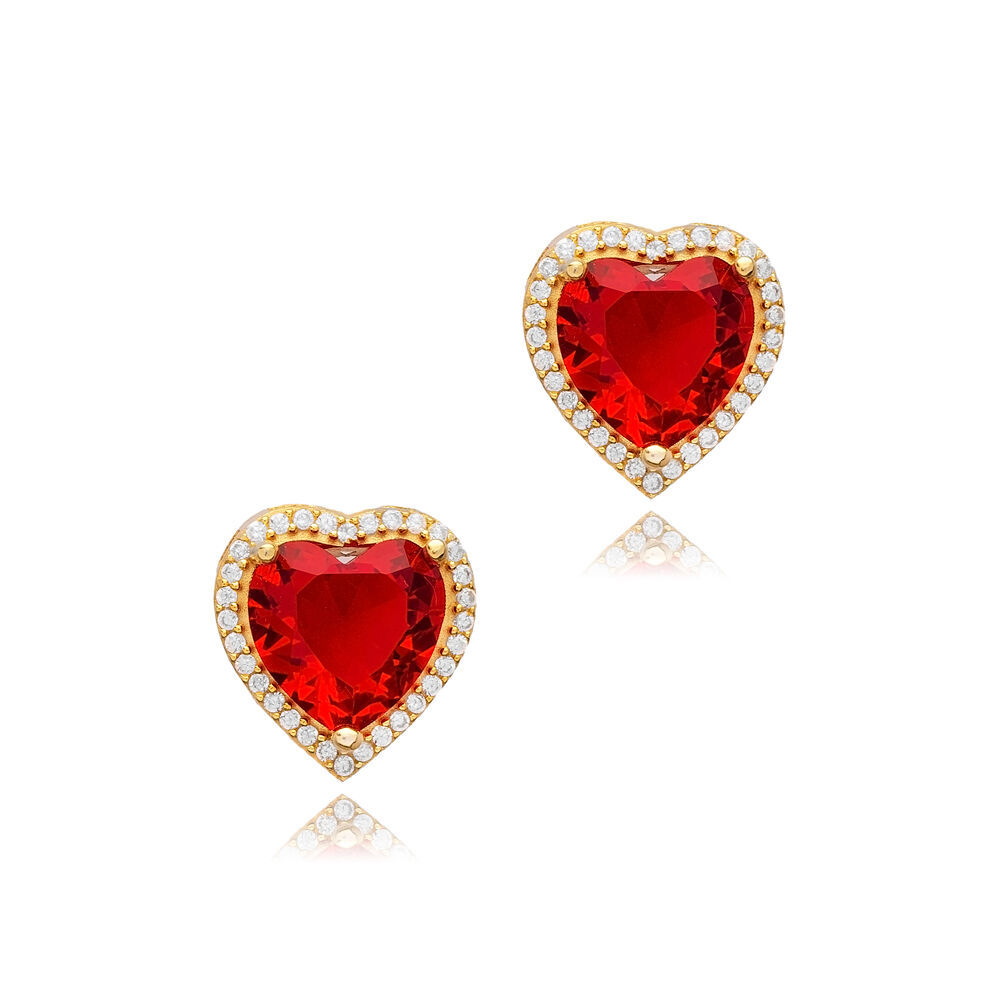 Garnet CZ Stones Heart Design Handmade 925 Silver Stud Earrings
