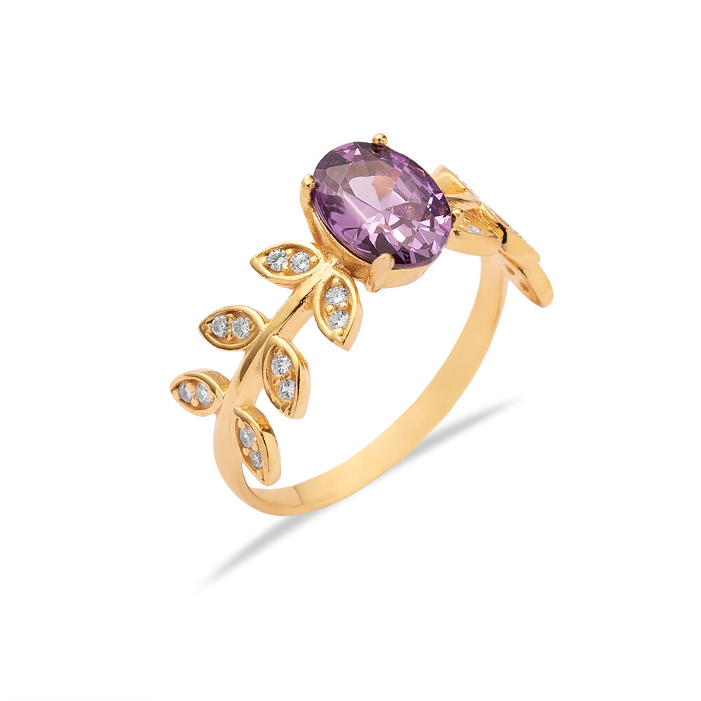 Amethyst CZ Stone Oval Leaf Style Silver Cluster Ring