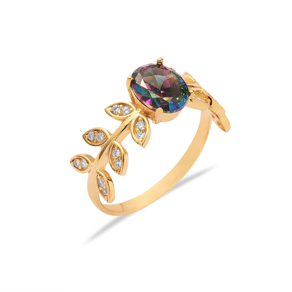 Mystic Topaz CZ Stone Oval Leaf Style Silver Cluster Ring