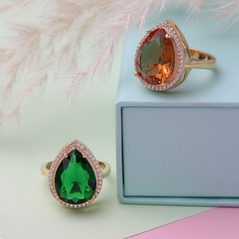 Emerald CZ Pear Shape Silver Cluster Women Ring