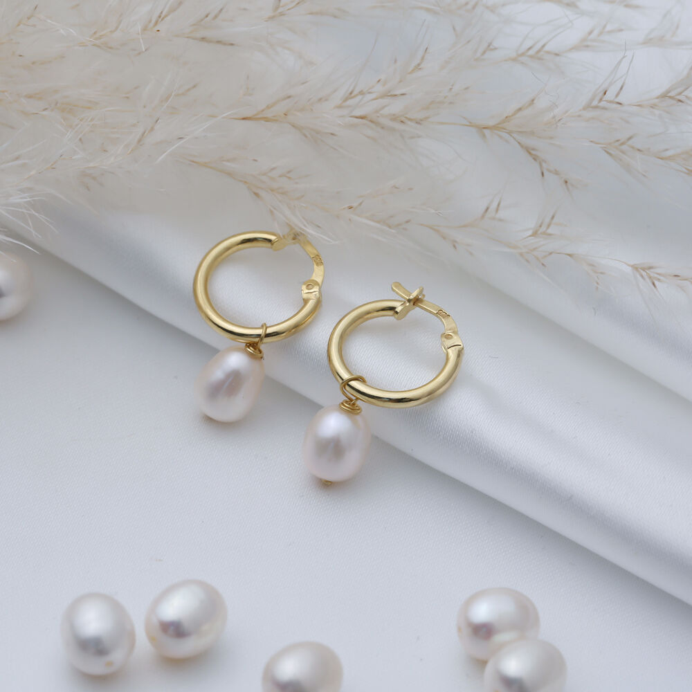 Plain Hoop Earrings Pearl Handcrafted 925 Silver Jewelry