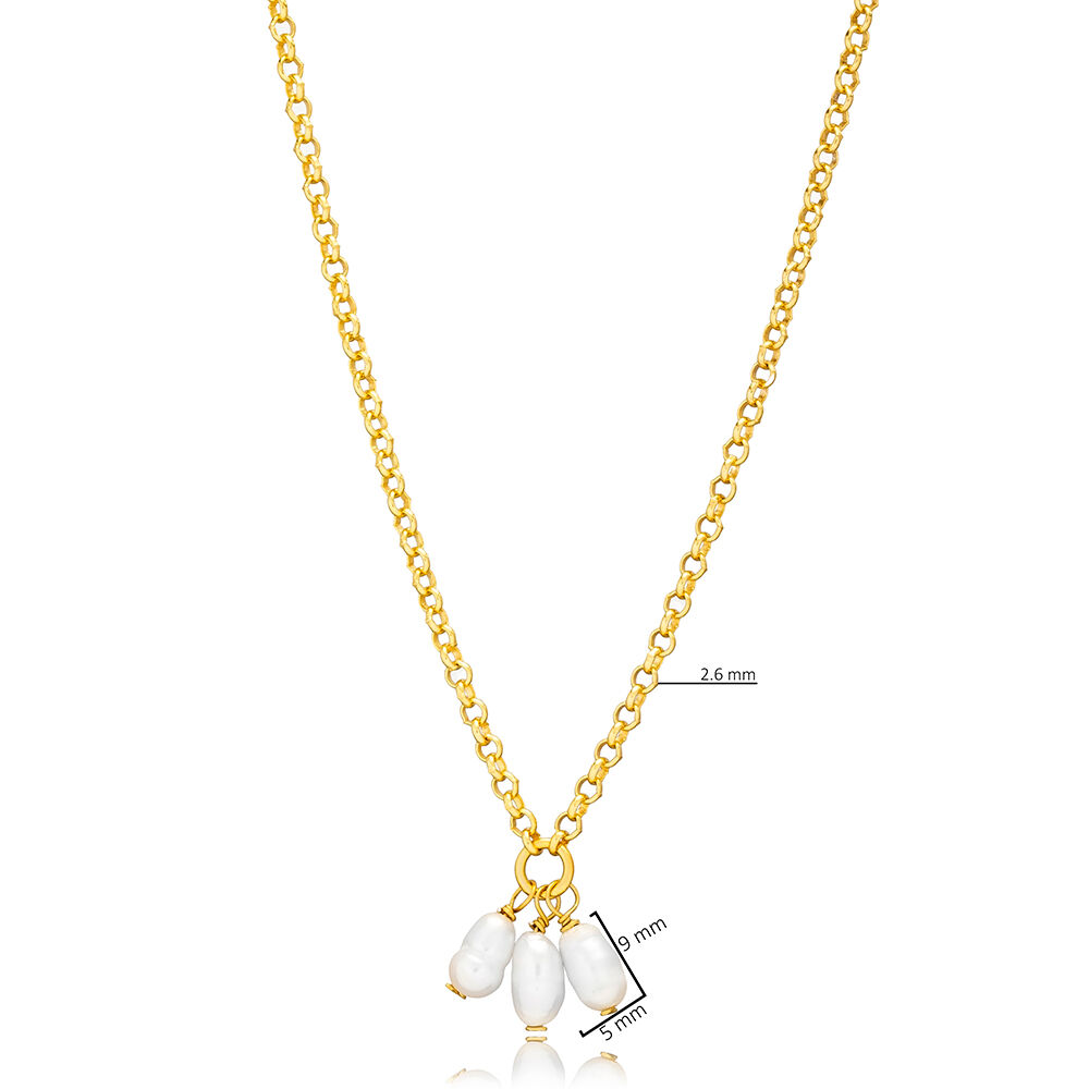 Triple Minimalist Pearl Natural Silver Rolo Chain Necklace