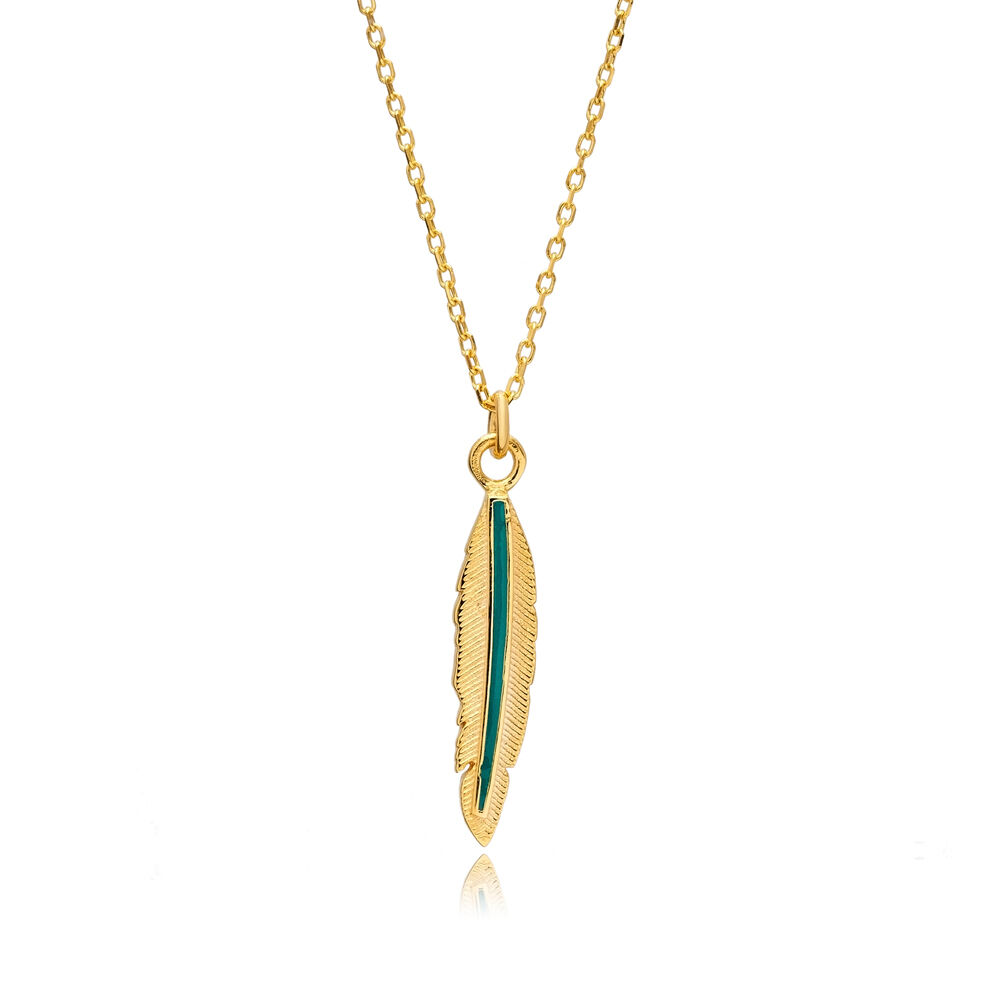 Feather Shape Enamel Charm Sterling Silver Jewelry Necklace