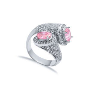Pink CZ Stone Double Side Oval Stony Cluster Adjustable Silver Ring
