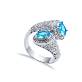 Aquamarine CZ Double Side Oval Stony Cluster Adjustable Silver Ring