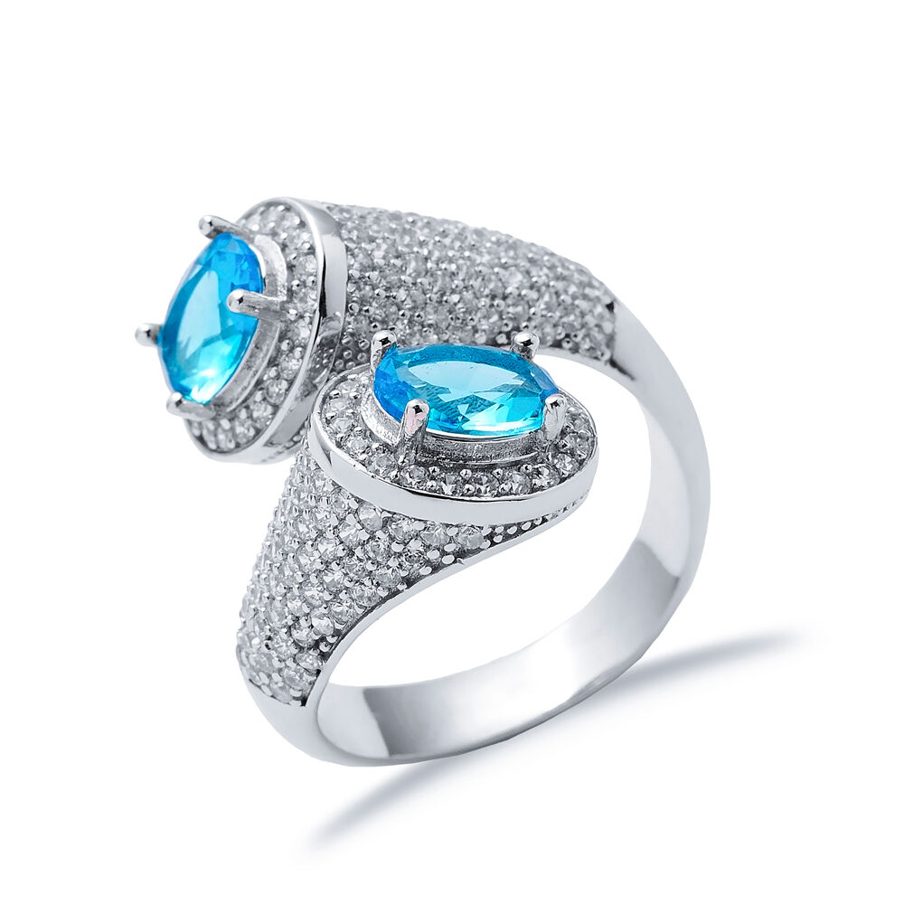 Aquamarine CZ Double Side Oval Stony Cluster Adjustable Silver Ring