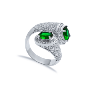 Emerald CZ Double Side Oval Stony Cluster Adjustable Silver Ring