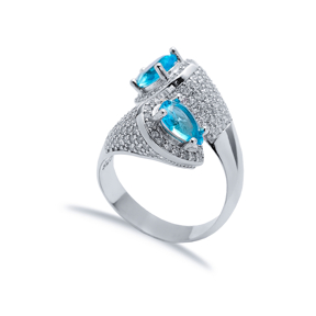 Aquamarine CZ Double Side Pear Stony Cluster Adjustable Silver Ring