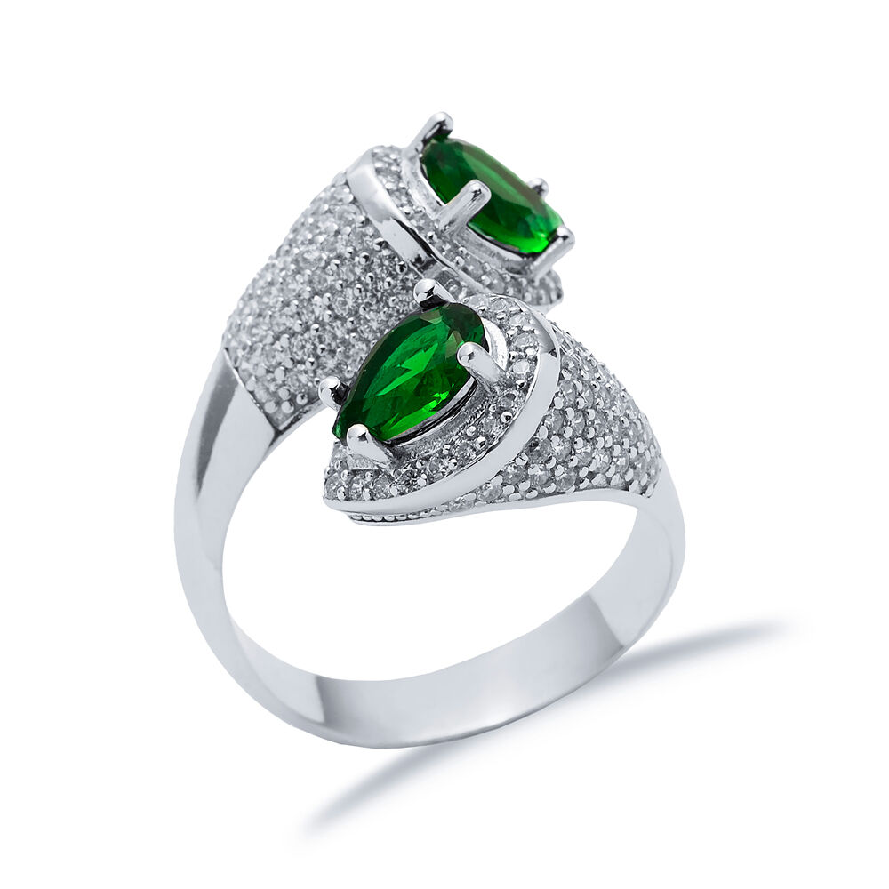 Emerald CZ Double Side Pear Stony Cluster Adjustable Silver Ring