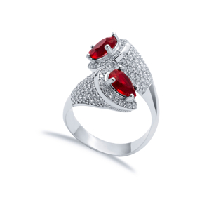 Garnet CZ Double Side Pear Stony Cluster Adjustable Silver Ring