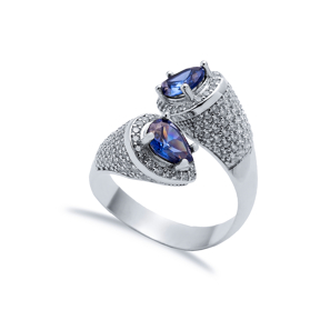 Sapphire CZ Double Side Pear Stony Cluster Adjustable Silver Ring