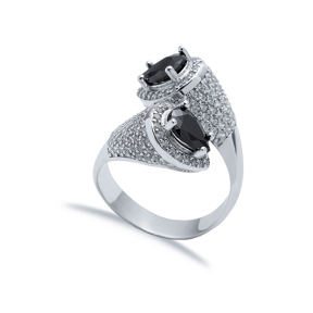 Black CZ Double Side Pear Stony Cluster Adjustable Silver Ring