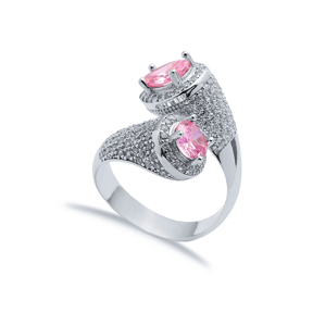 Pink Round and Pear Stony Cluster Adjustable Silver Ring