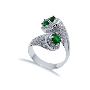 Emerald CZ Round and Pear Stony Cluster Adjustable Silver Ring