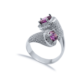 Amethyst CZ Round and Pear Stony Cluster Adjustable Silver Ring