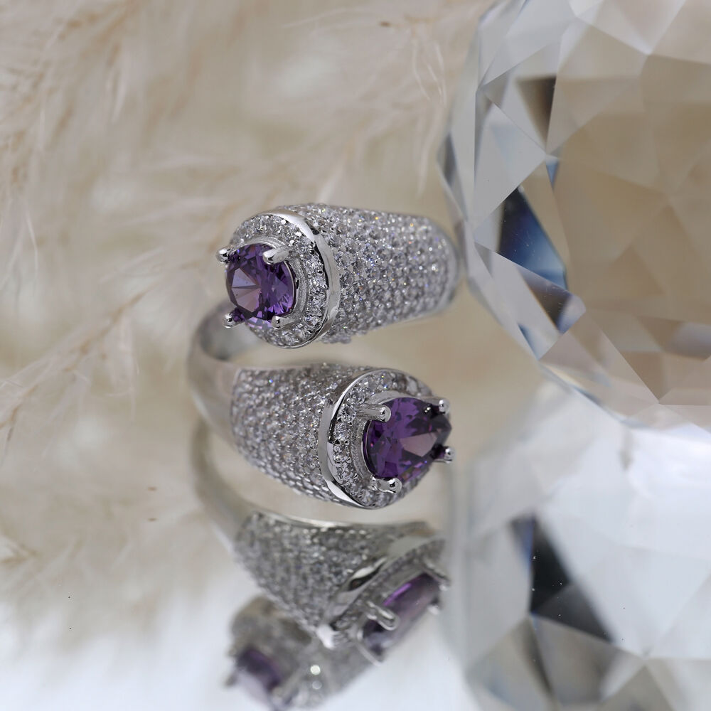 Amethyst CZ Round and Pear Stony Cluster Adjustable Silver Ring