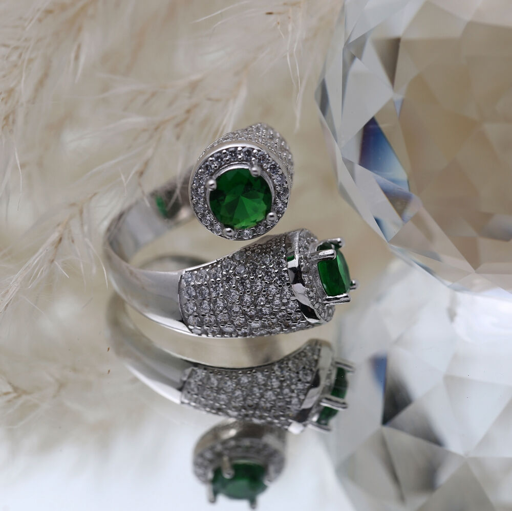 Emerald CZ Round Stony Cluster Wholesale Adjustable Silver Ring