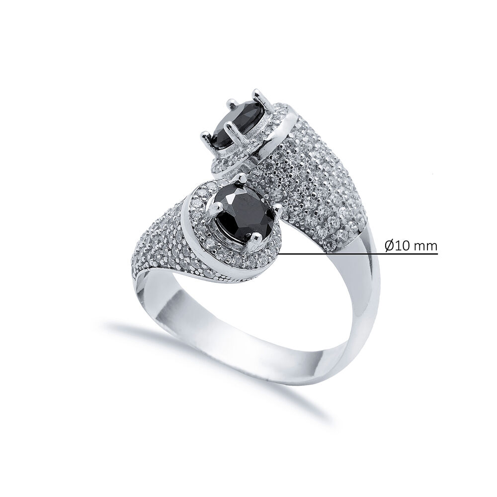 Black CZ Round Stony Cluster Wholesale Adjustable Silver Ring