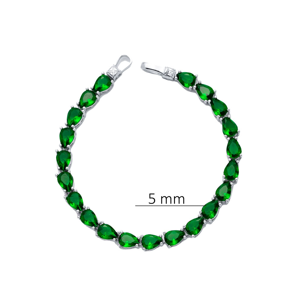 Pear Shape Emerald CZ Stones Sterling Silver Tennis Bracelet