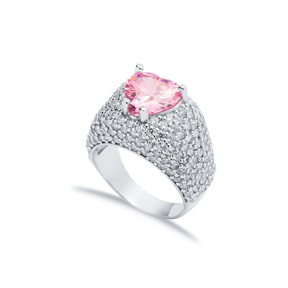 Heart Shape Pink CZ Stones Sterling Silver Stony Cluster Ring