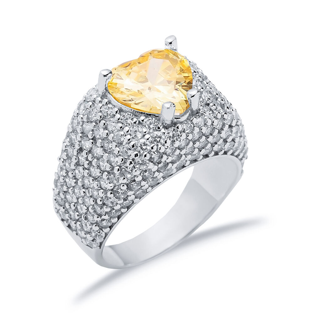 Heart Shape Citrine CZ Stones Sterling Silver Stony Cluster Ring