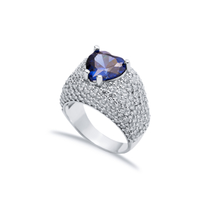 Heart Shape Sapphire CZ Stones Sterling Silver Stony Cluster Ring
