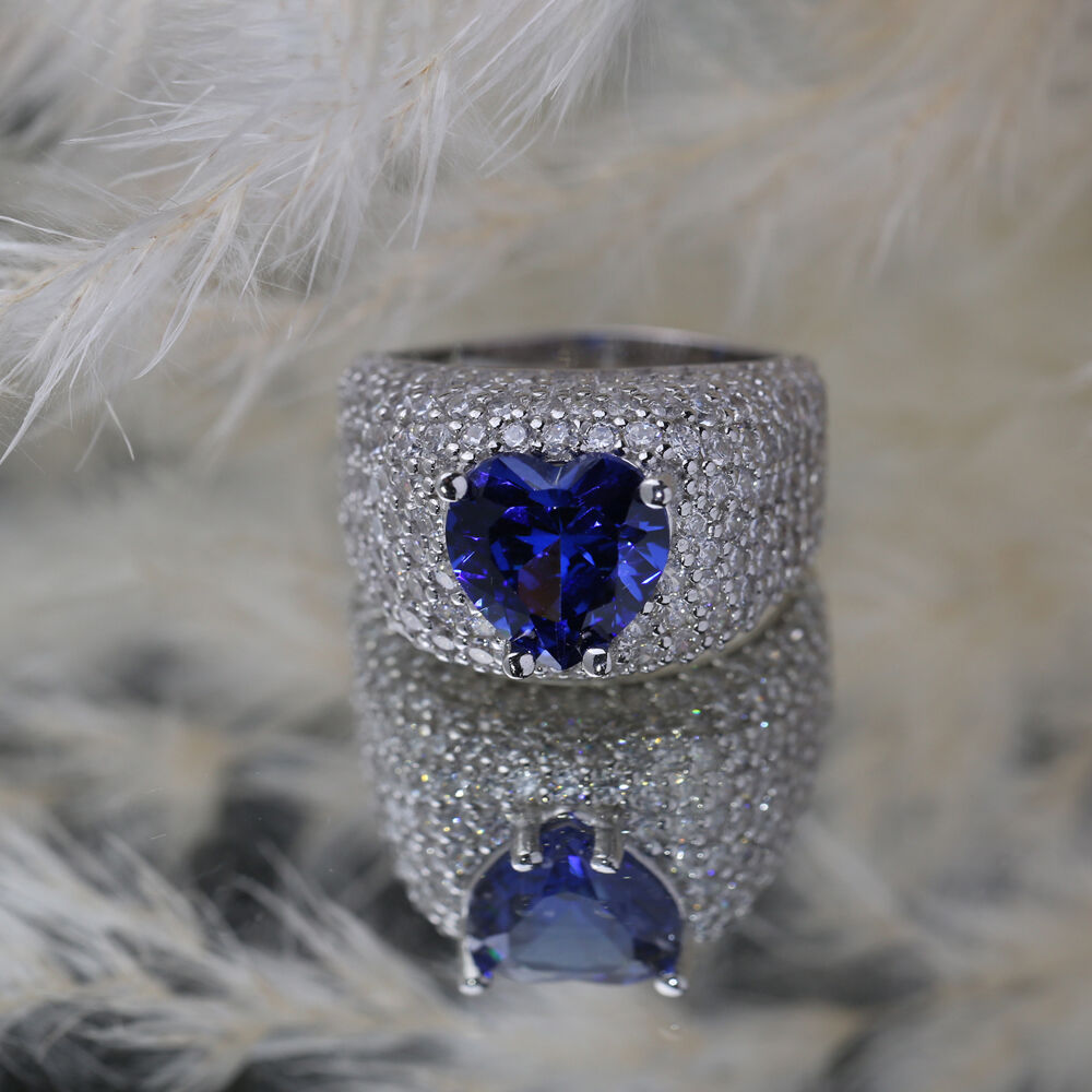 Heart Shape Sapphire CZ Stones Sterling Silver Stony Cluster Ring