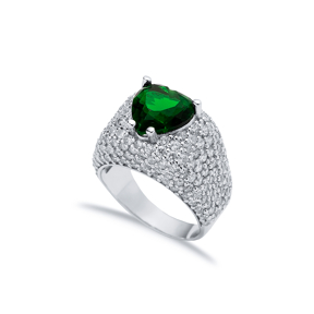 Heart Shape Emerald CZ Stones Sterling Silver Stony Cluster Ring