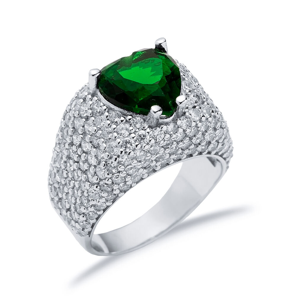 Heart Shape Emerald CZ Stones Sterling Silver Stony Cluster Ring