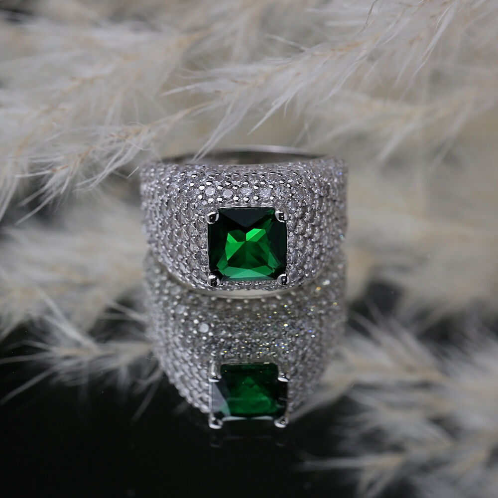 Square Shape Emerald CZ Stones Sterling Silver Stony Cluster Ring