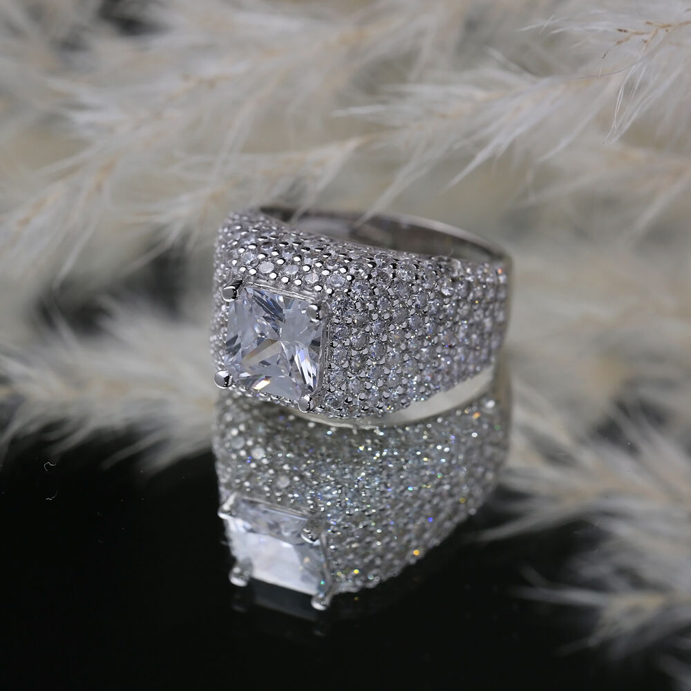 Square Shape CZ Stones Wholesale Sterling Silver Stony Cluster Ring