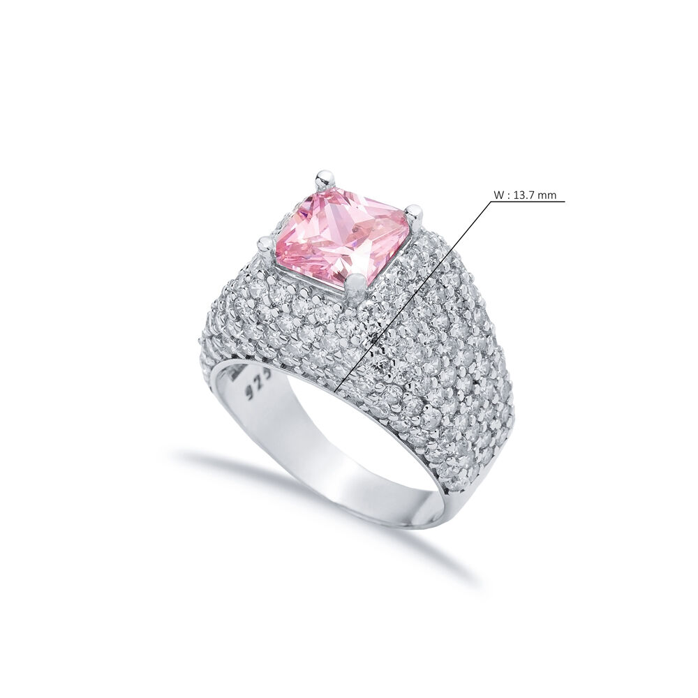 Square Shape Pink CZ Stones Sterling Silver Stony Cluster Ring