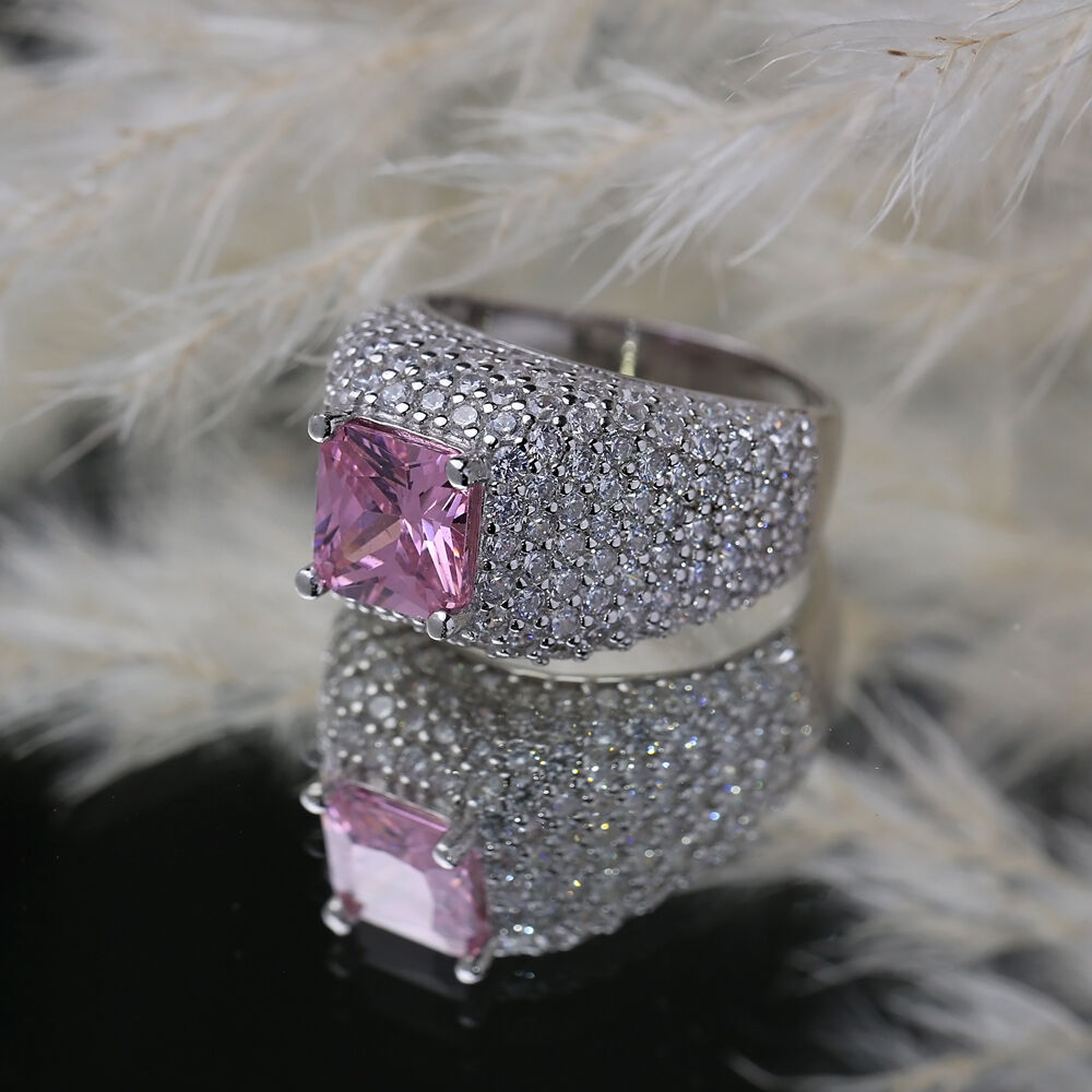 Square Shape Pink CZ Stones Sterling Silver Stony Cluster Ring