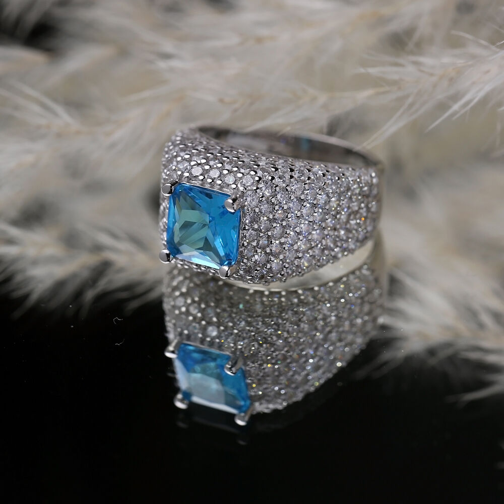 Square Shape Aquamarine CZ Stones Sterling Silver Stony Cluster Ring