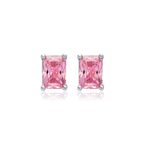 Pink CZ Stone Baguette Rectangle Stud Earrings